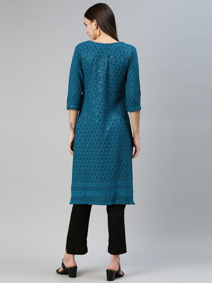 Neerus Green cotton chikankari kurti - detail view 2