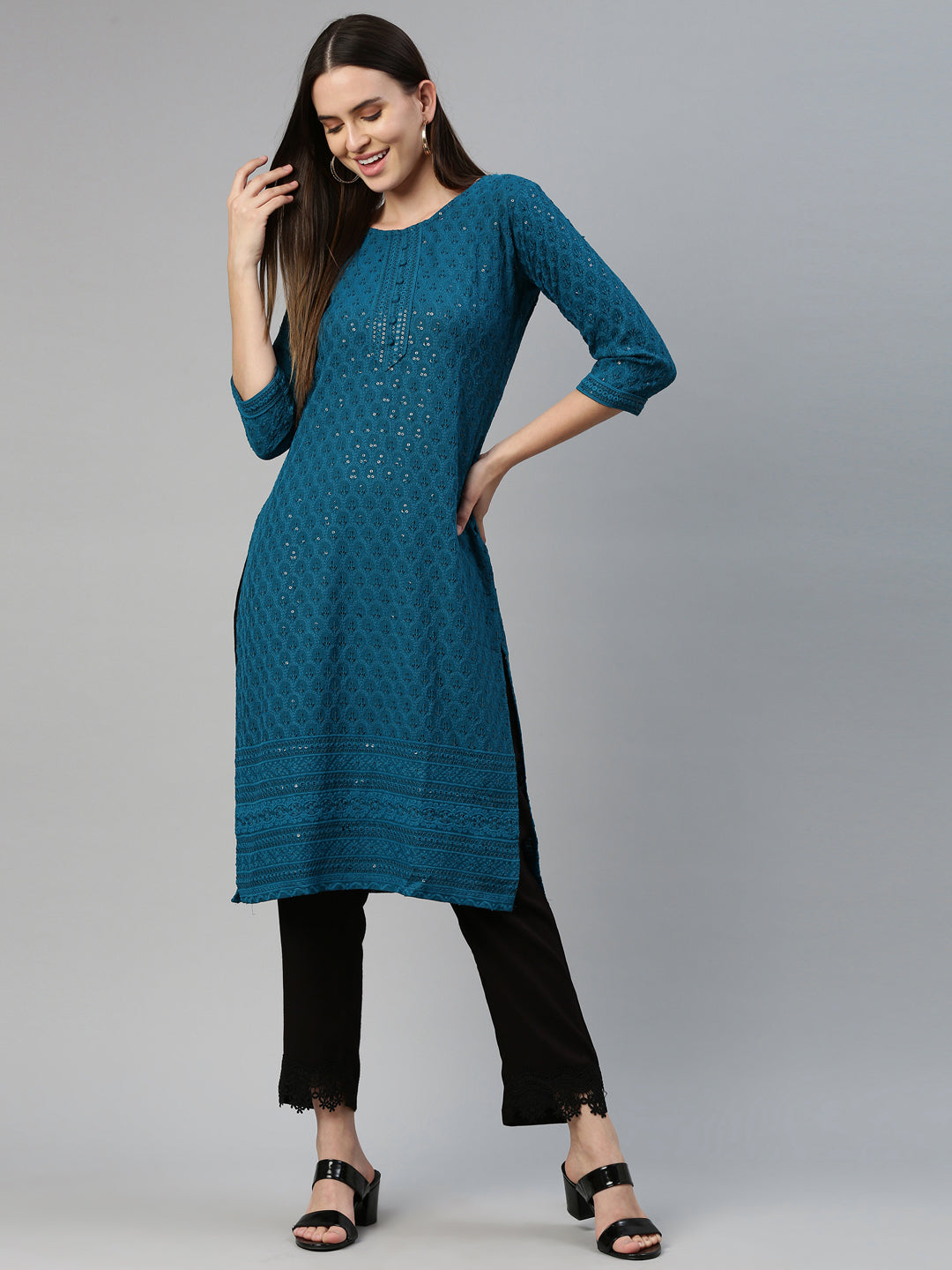 Neeru'S Rama Color Chiken Fabric Kurta
