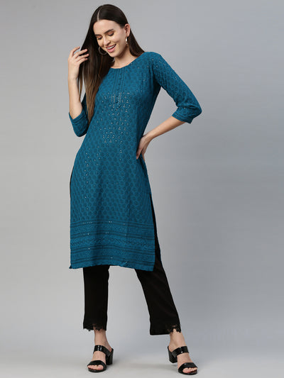 Neeru'S Rama Color Chiken Fabric Kurta