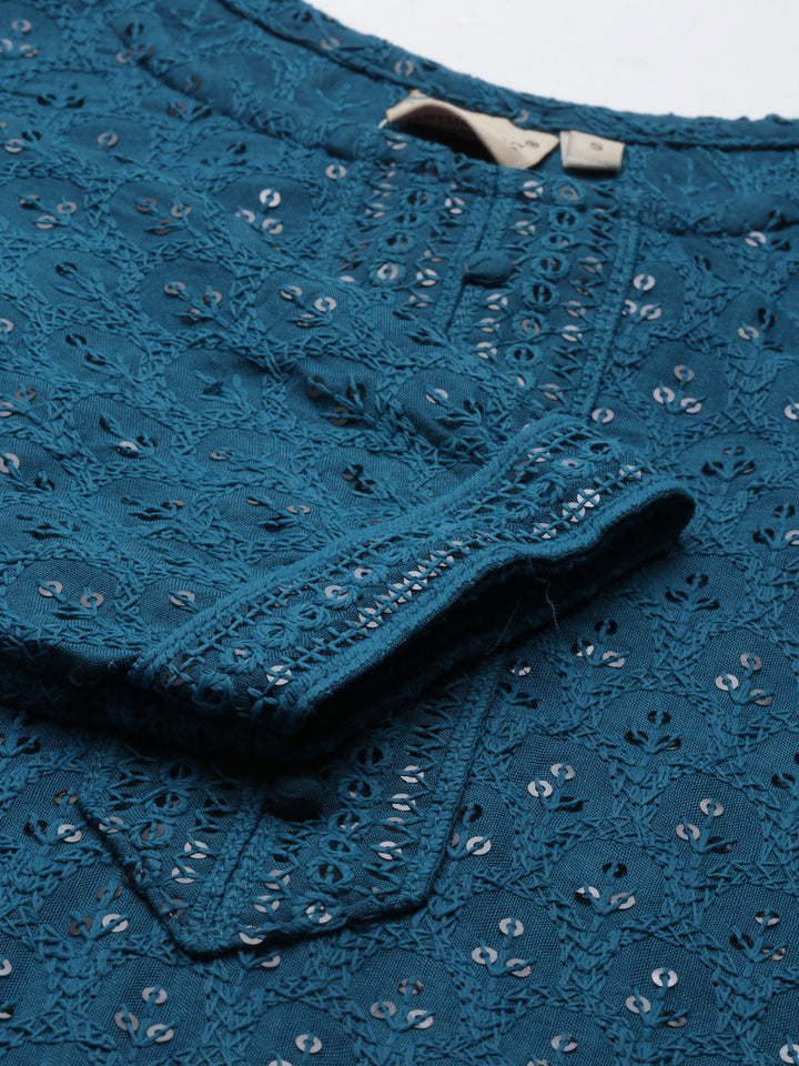 Neerus Green cotton chikankari kurti - detail view 4