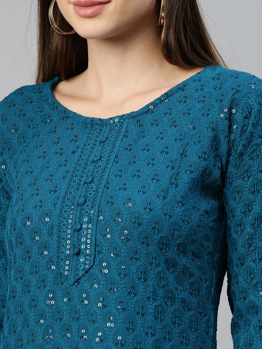 Neerus Green cotton chikankari kurti - detail view 5