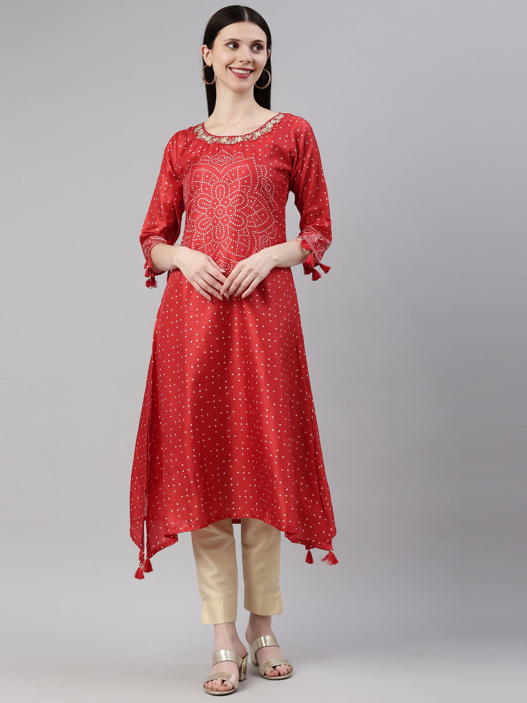 Neerus Red silk straight kurti for women - front view