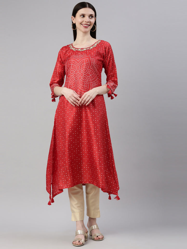 Neerus Red silk straight kurti for women - front view