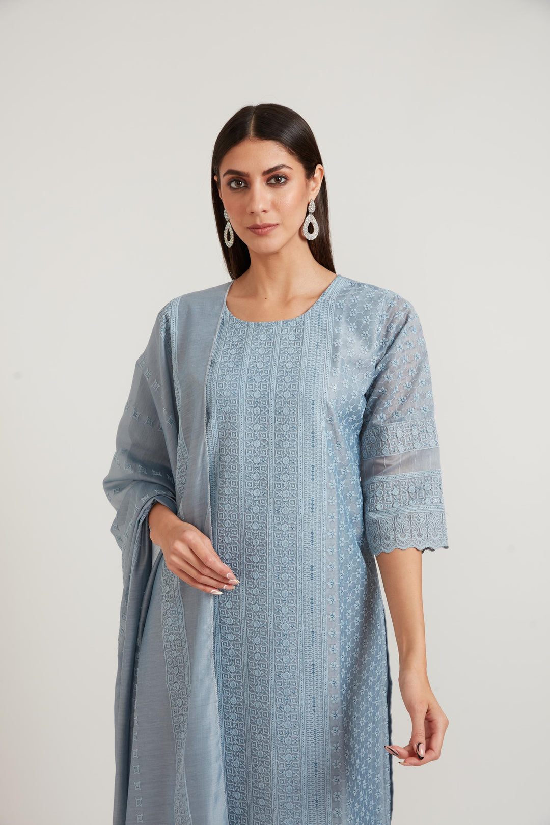 Neerus Grey Chanderi printed suit set - back view