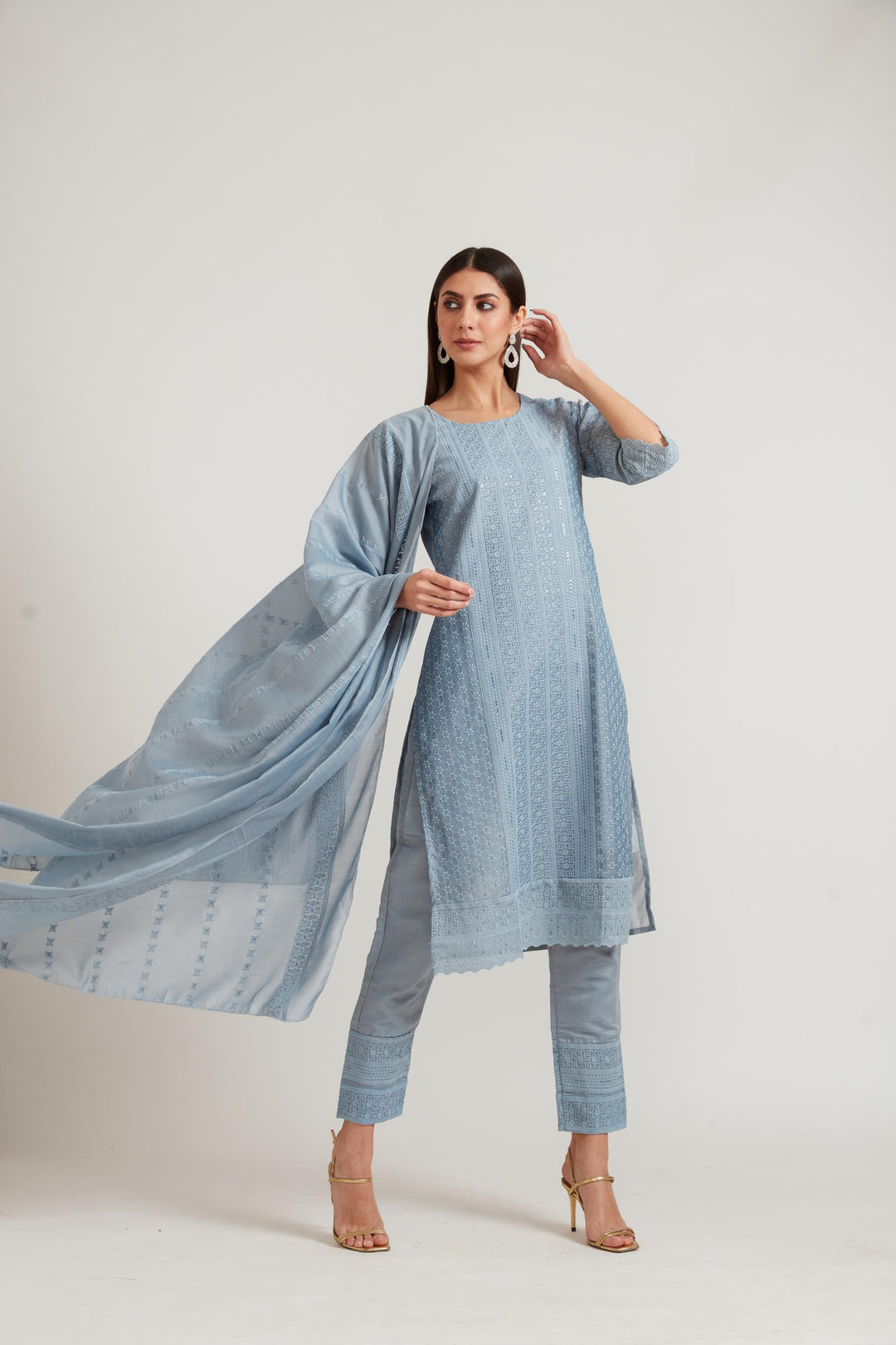 Neerus Grey Chanderi printed suit set - side view