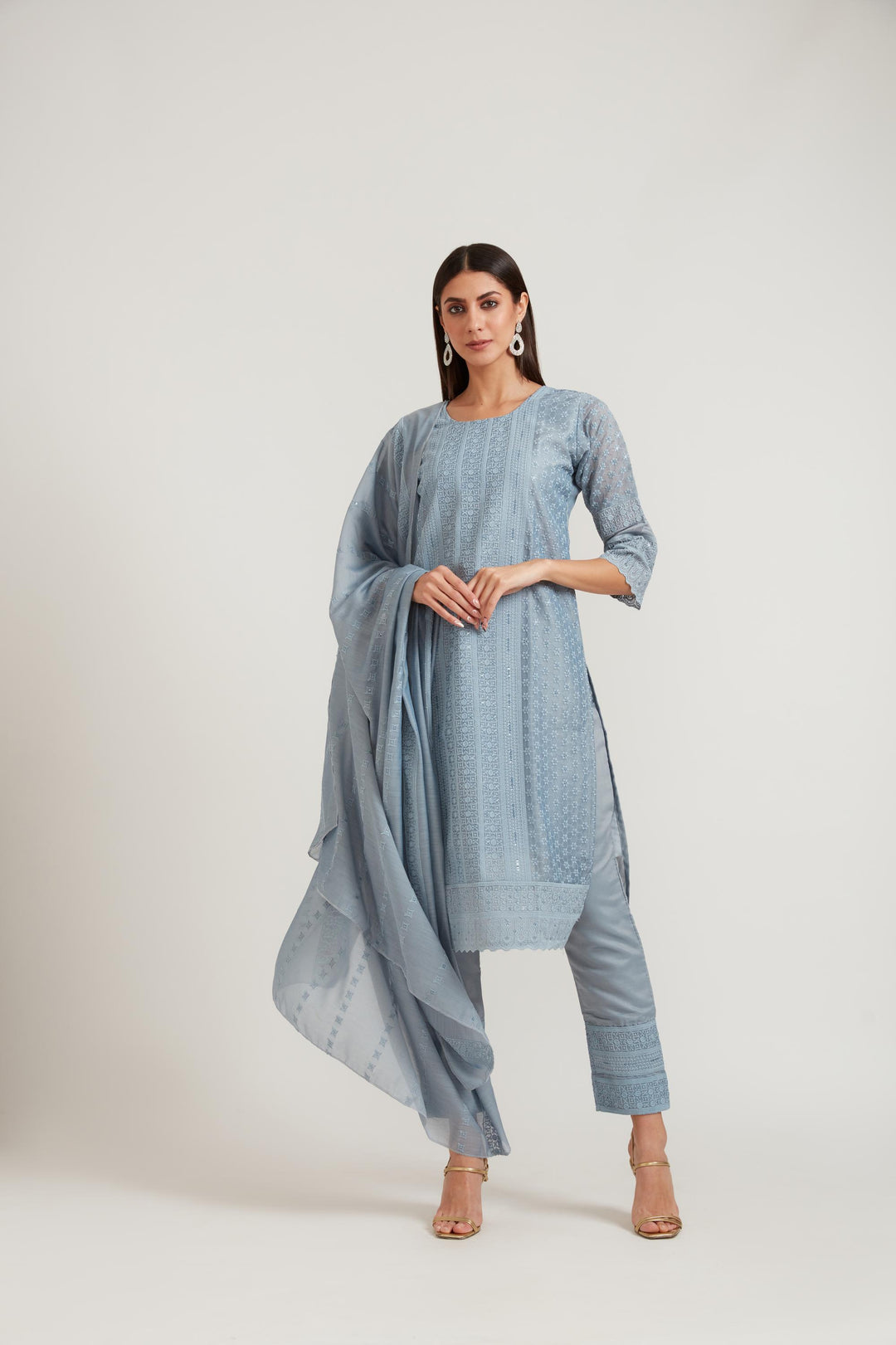 Neerus Grey Chanderi printed suit set - front view