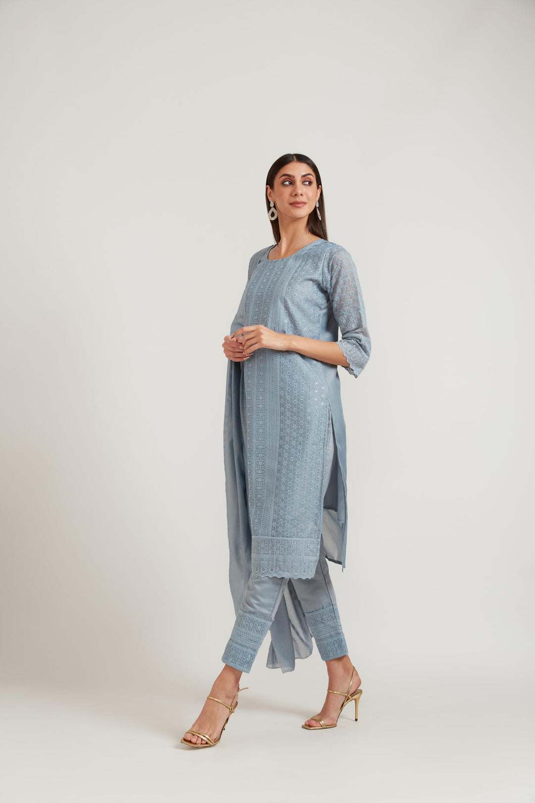 Neerus Grey Chanderi printed suit set - detail view 1