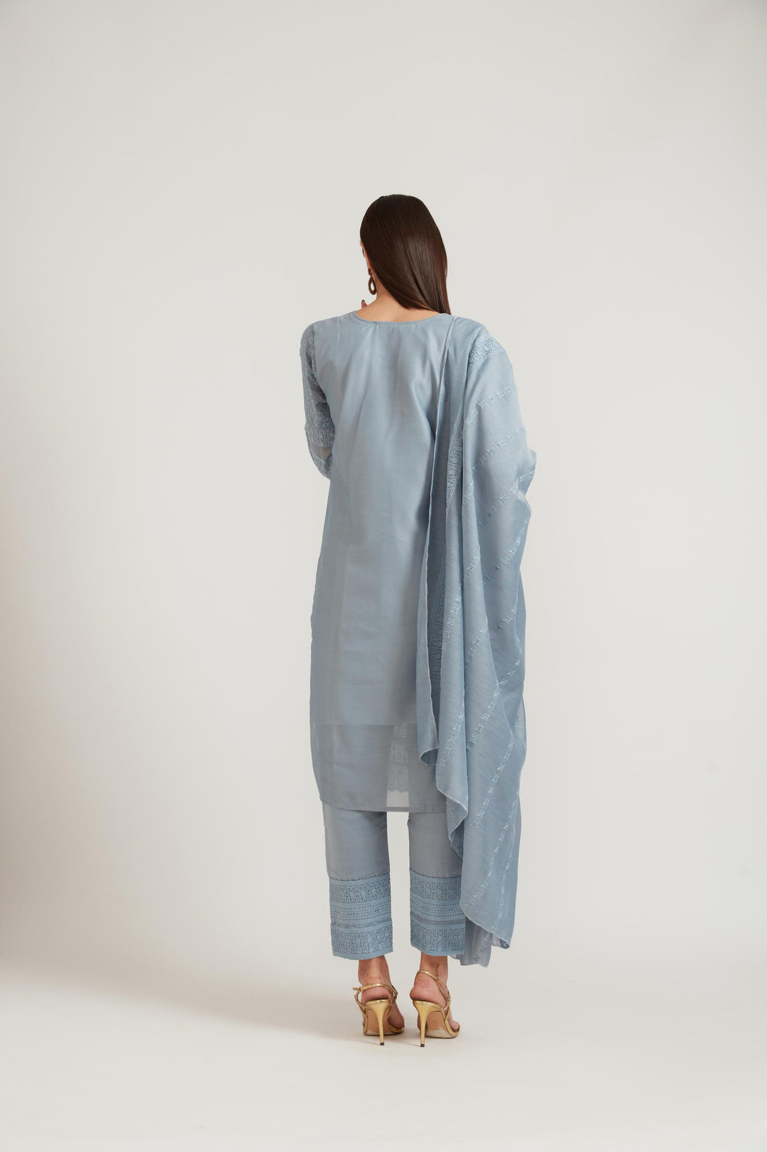 Neerus Grey Chanderi printed suit set - detail view 2