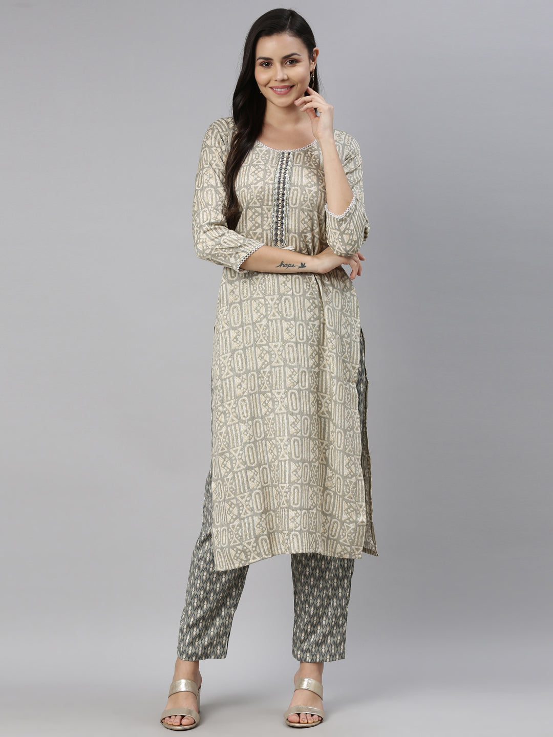 Neerus Grey rayon straight kurta for women - detail view 3