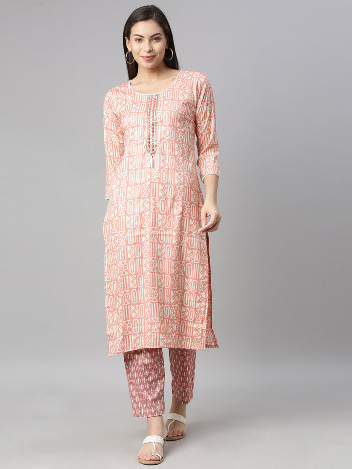 Neerus Pink rayon printed kurti - front view
