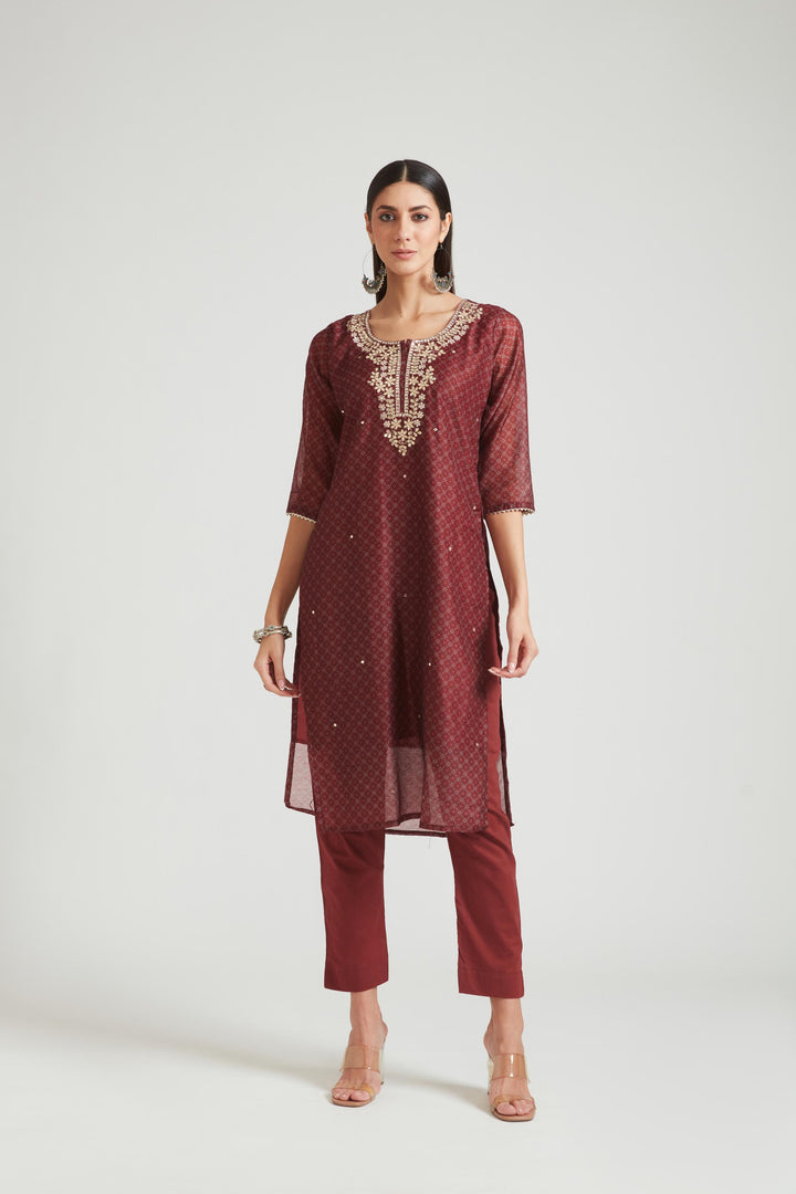 Neerus Brown Chanderi Cotton Embellished Kurta Set - front view