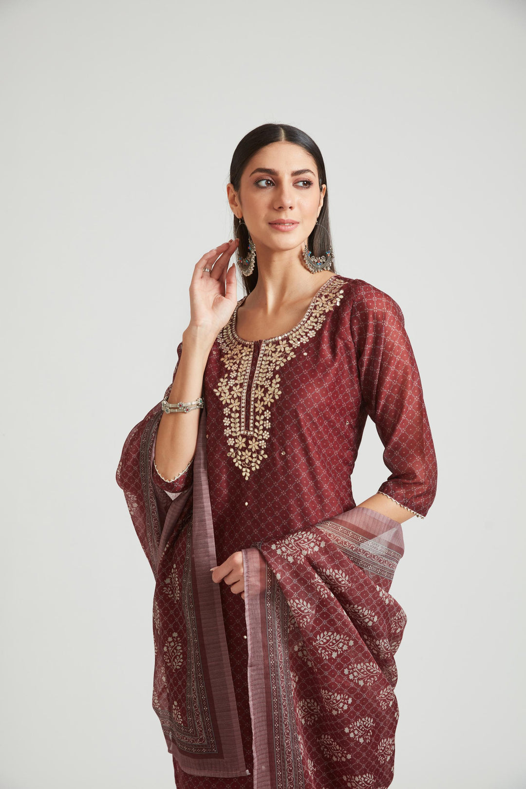 Neerus Brown Chanderi Cotton Embellished Kurta Set - detail view 2