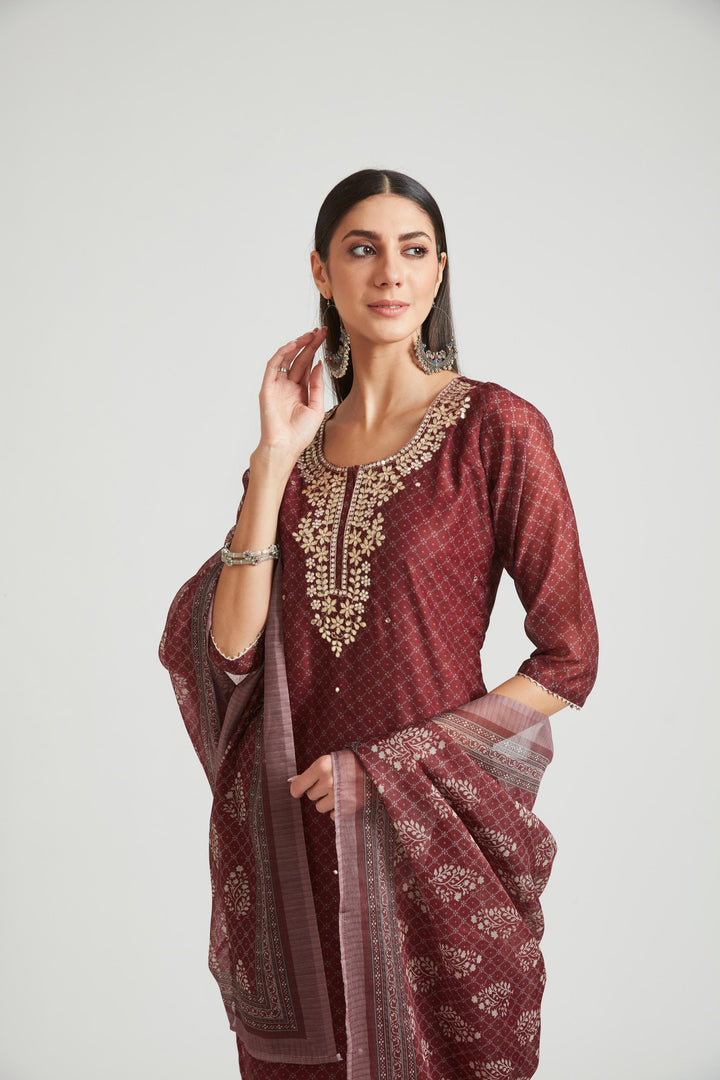 Neerus Brown Chanderi Cotton Embellished Kurta Set - detail view 2