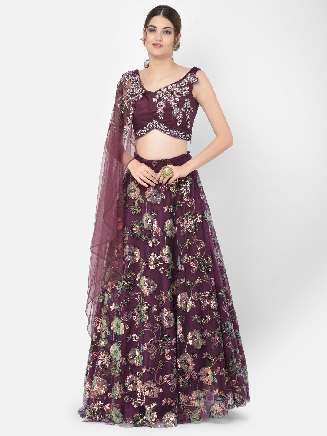 Neerus Wine Color Nett Fabric Lehenga Choli