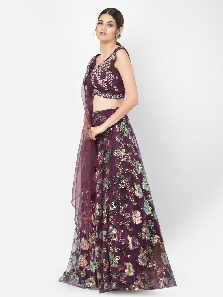 Neerus Wine Color Nett Fabric Lehenga Choli