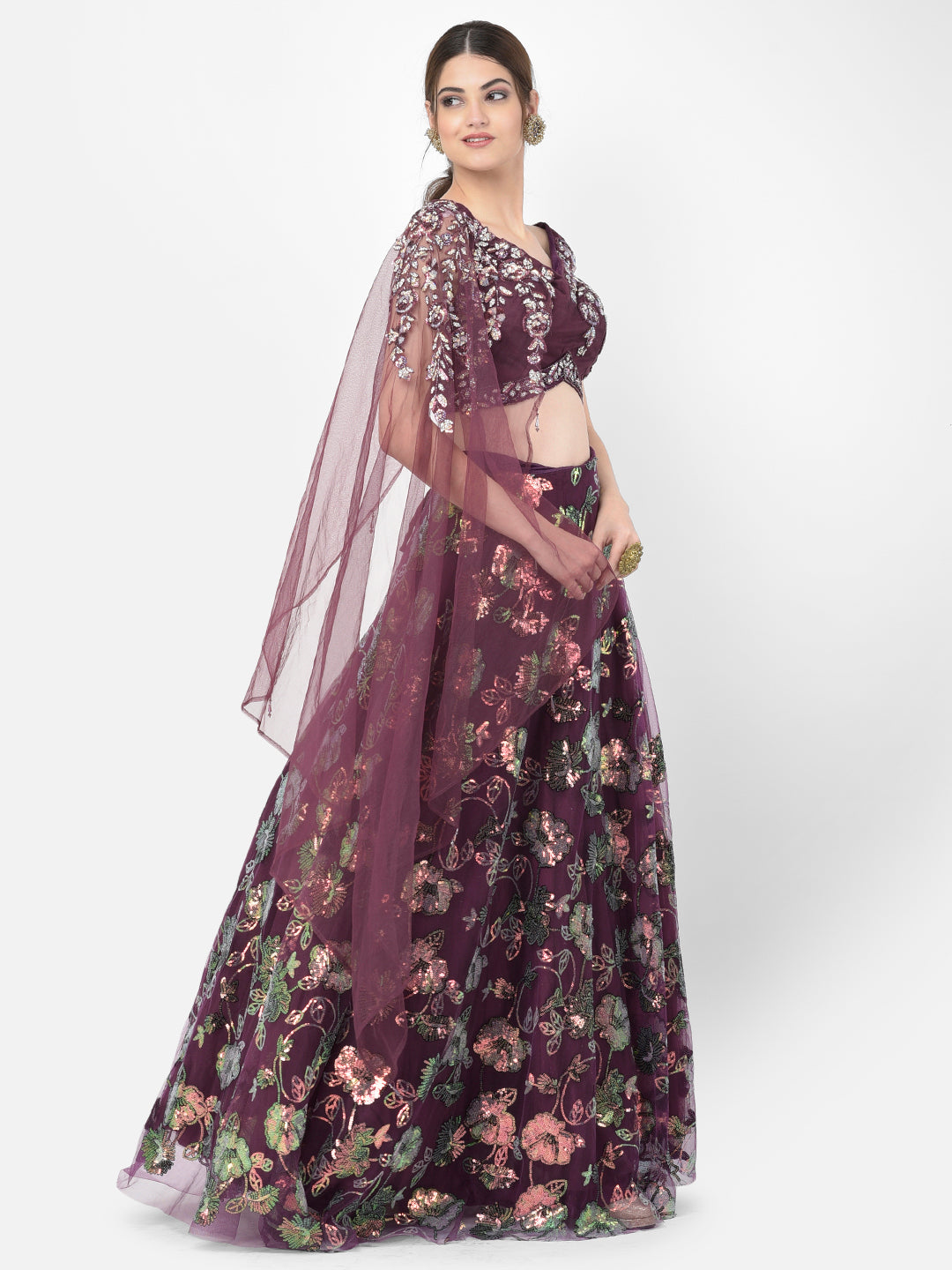 Neerus Wine Color Nett Fabric Lehenga Choli