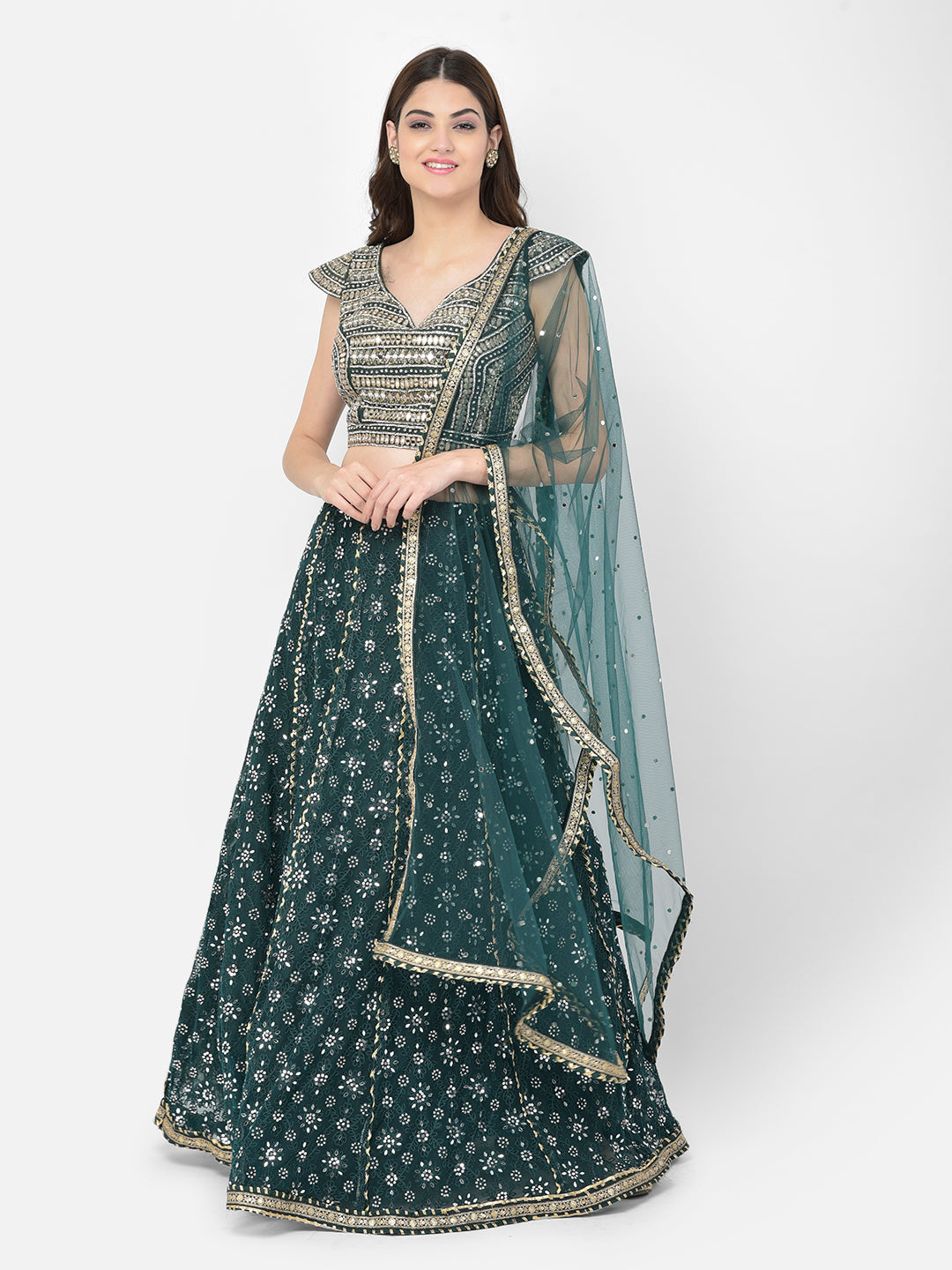 Neerus Green net embellished lehenga choli - front view