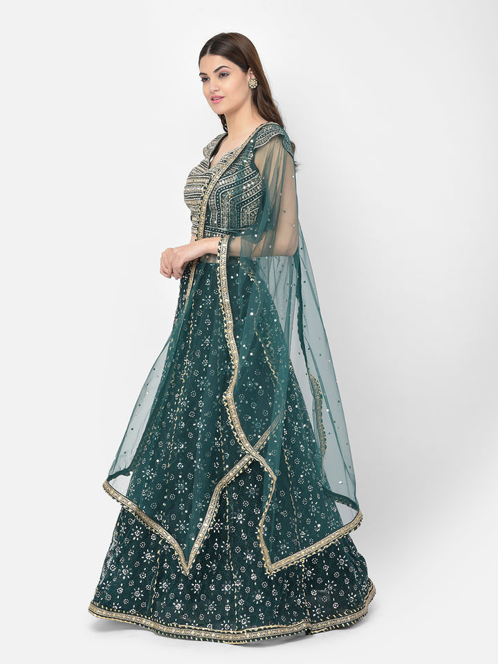 Neerus Green net embellished lehenga choli - back view