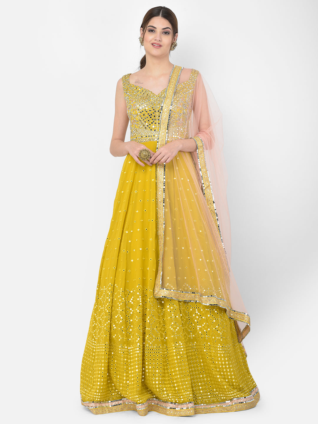 Neeru'S mustard color georgette fabric gown