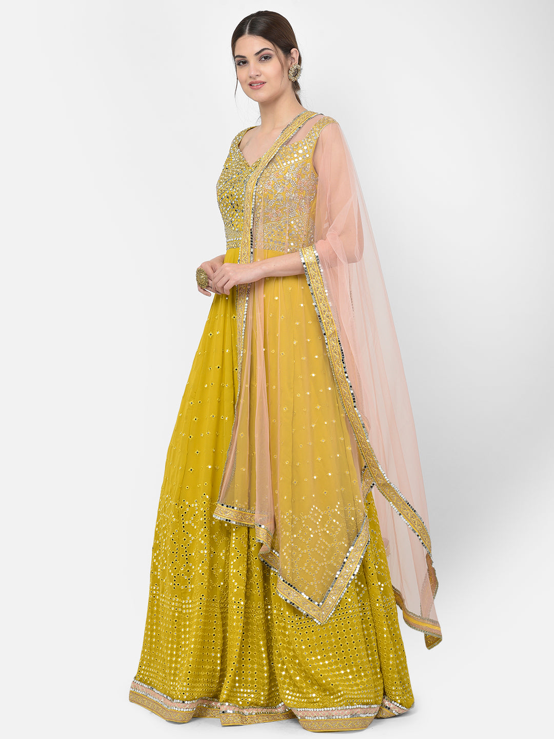 Neeru'S mustard color georgette fabric gown