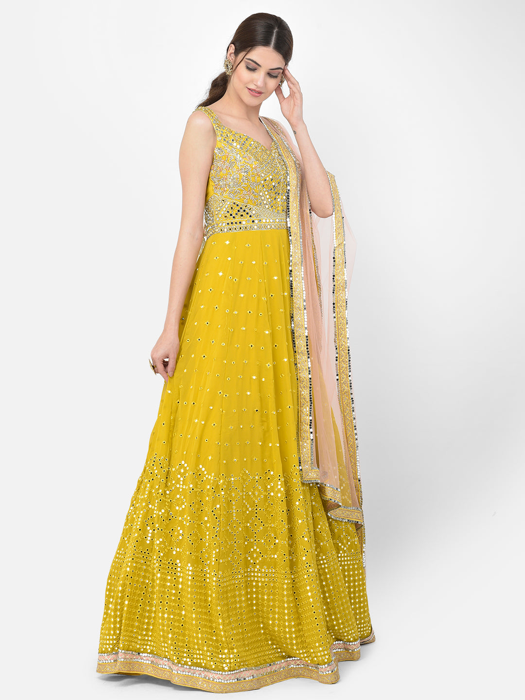 Neerus Mustard Color Georgette Fabric Gown