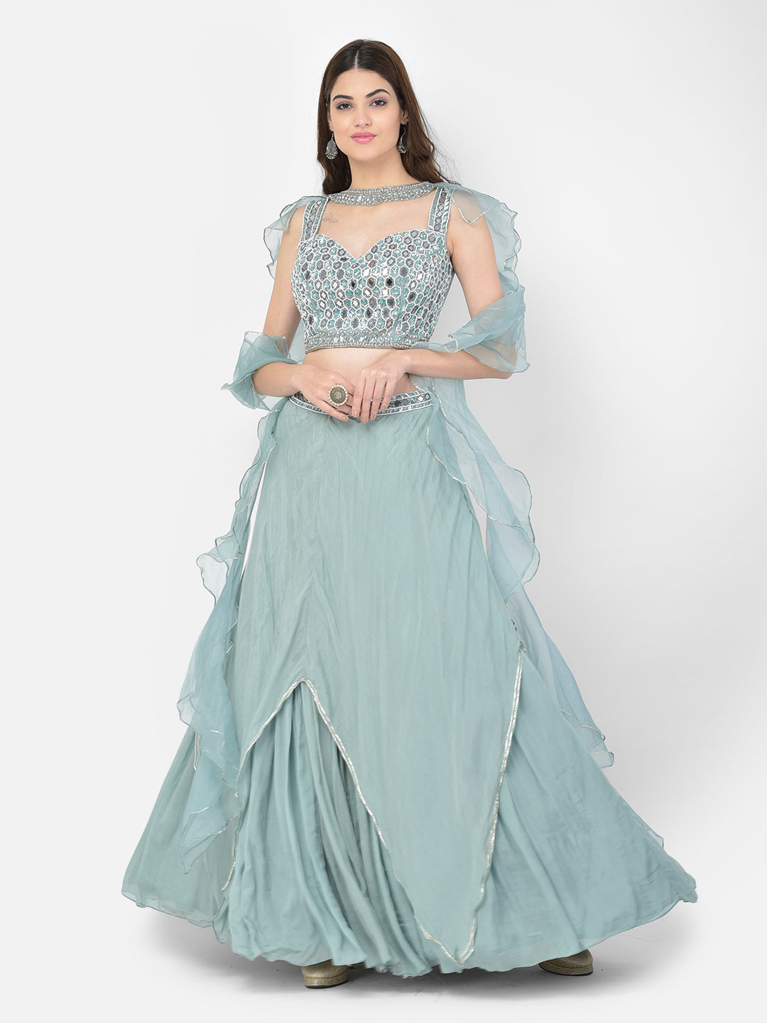 Neerus Pista Color Chiffon Fabric Lehenga Choli