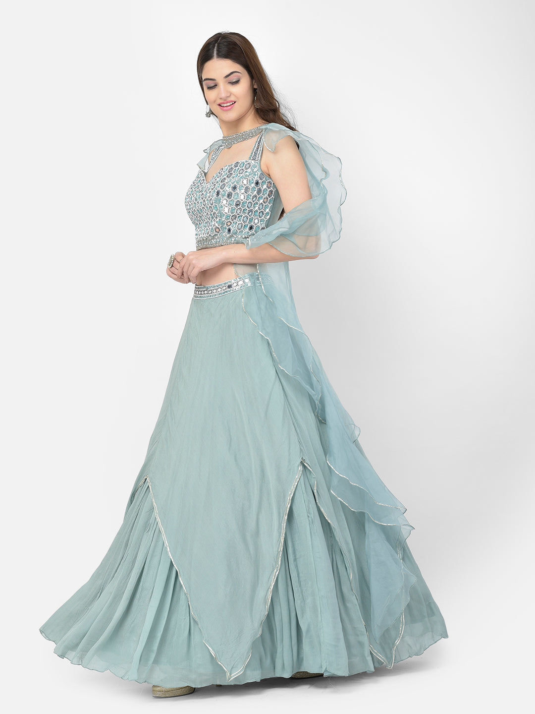 Neerus Pista Color Chiffon Fabric Lehenga Choli