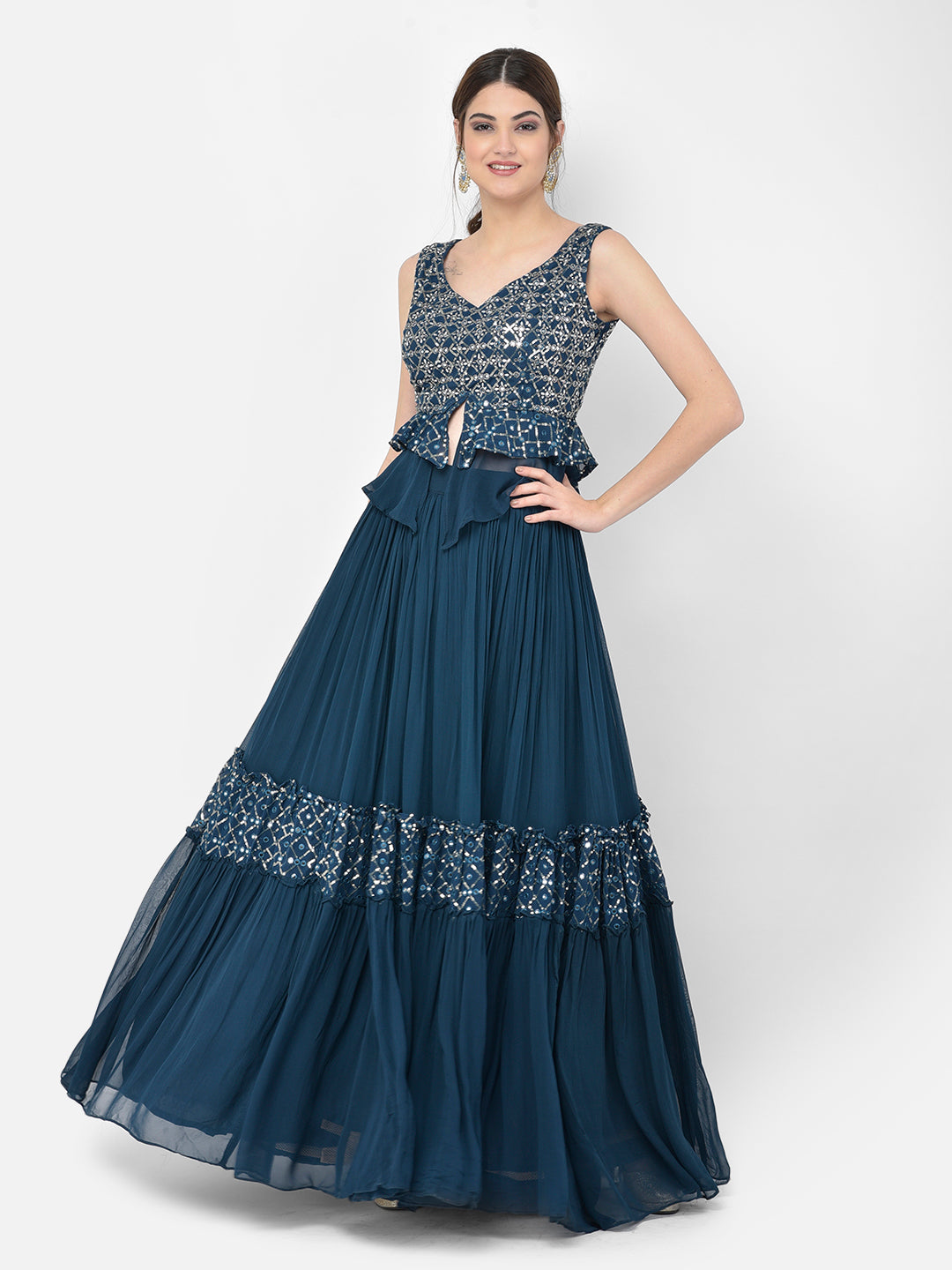 Neerus Blue Georgette Embellished Kurta Set - front view