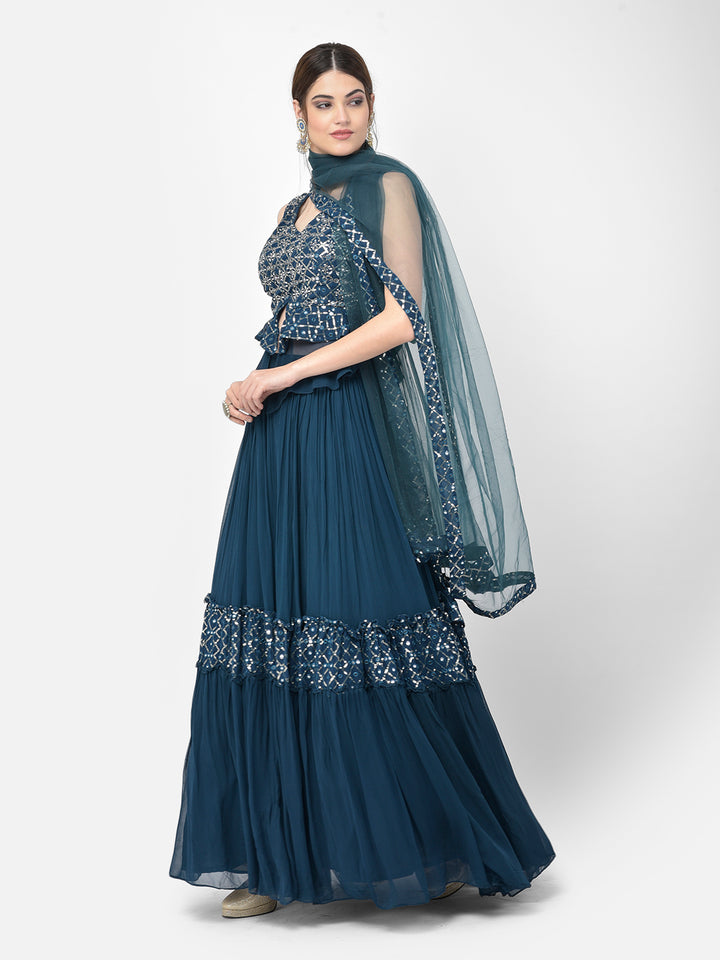 Neerus Blue Georgette Embellished Kurta Set - side view