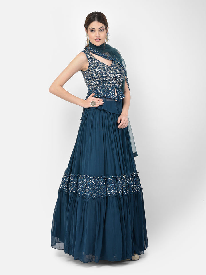 Neerus Blue Georgette Embellished Kurta Set - detail view 8