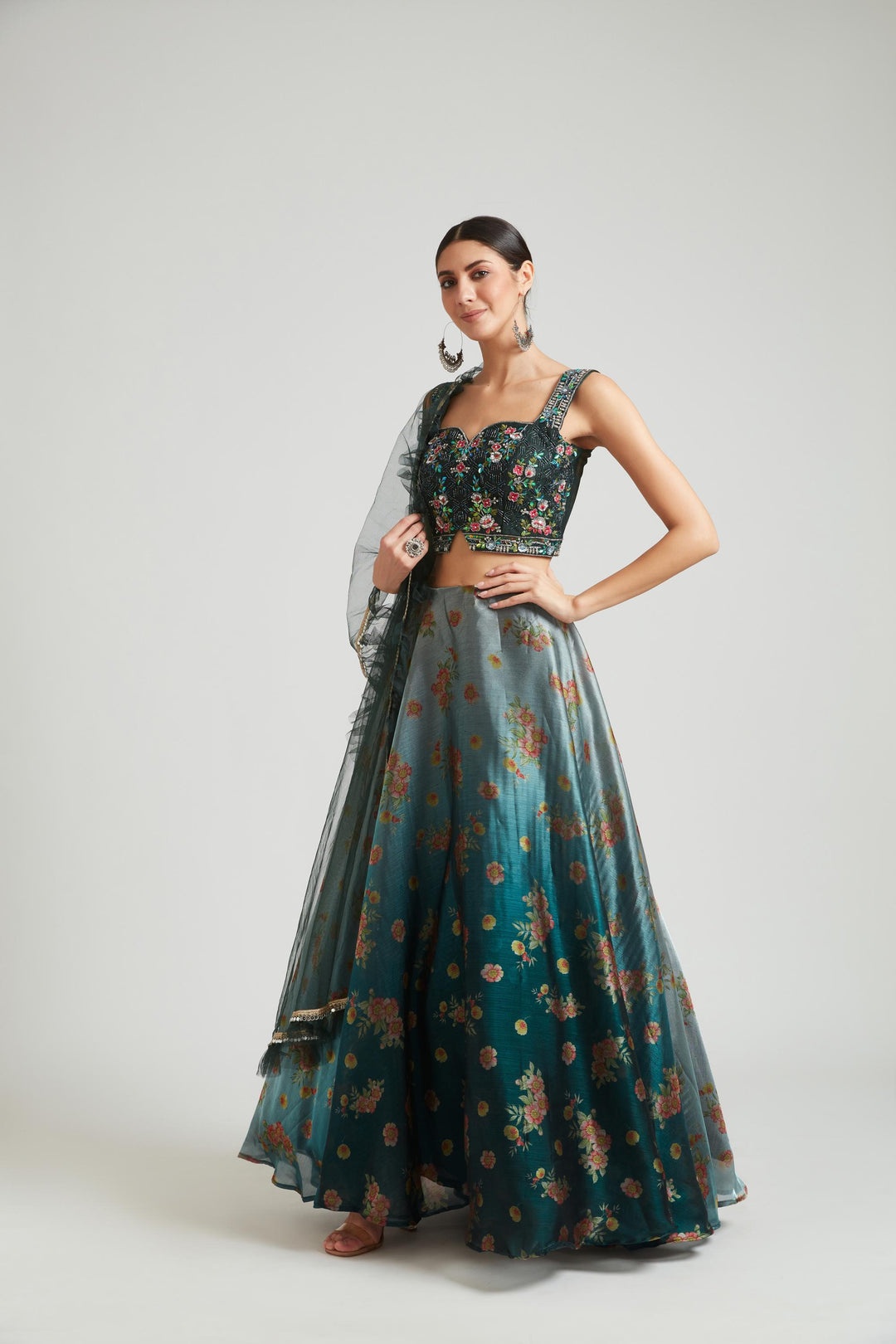 Neerus Grey silk lehenga choli set - front view