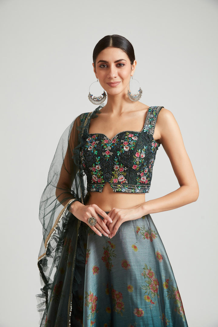 Neerus Grey silk lehenga choli set - back view