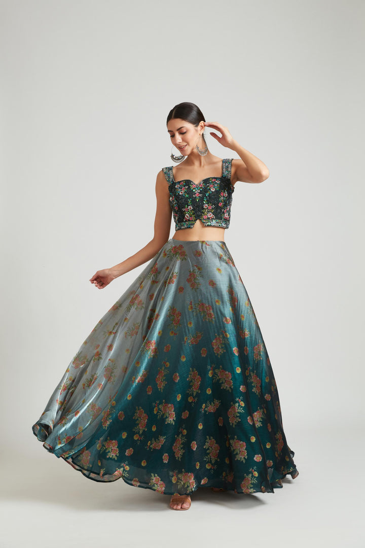 Neerus Grey silk lehenga choli set - side view