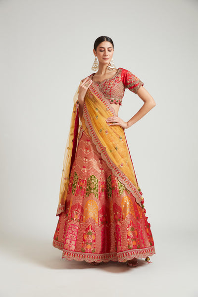 Neeru'S Red Color Banaras Fabric Lehenga Choli