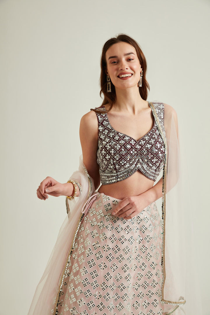 Neerus Pink net embellished lehenga choli set - back view