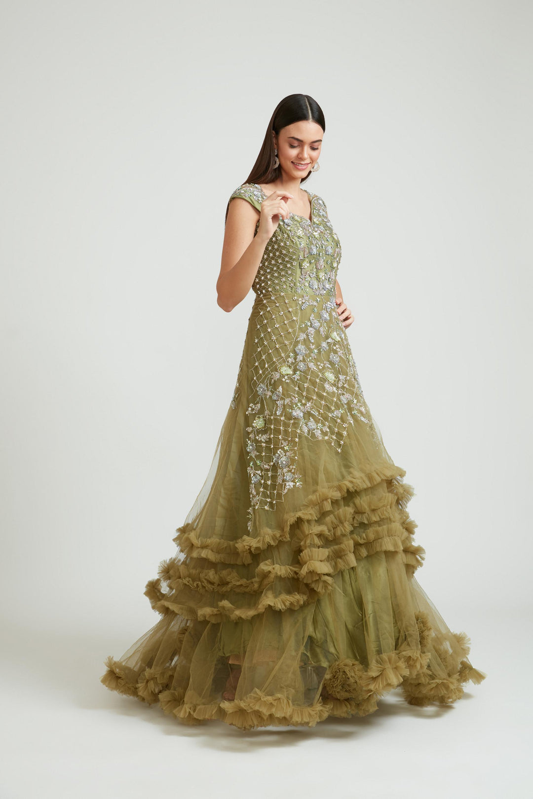 Neerus M Green Color Banaras Fabric Gown With Dupatta