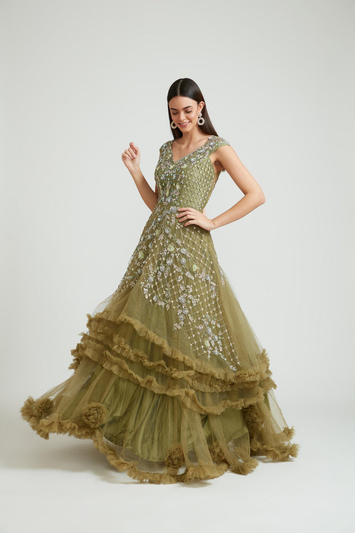 Neerus M Green Color Banaras Fabric Gown With Dupatta