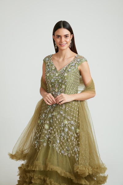 Neeru'S M GREEN Color BANARAS Fabric Gown With Dupatta