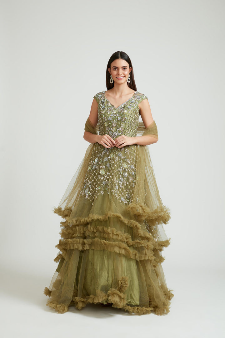 Neerus M Green Color Banaras Fabric Gown With Dupatta