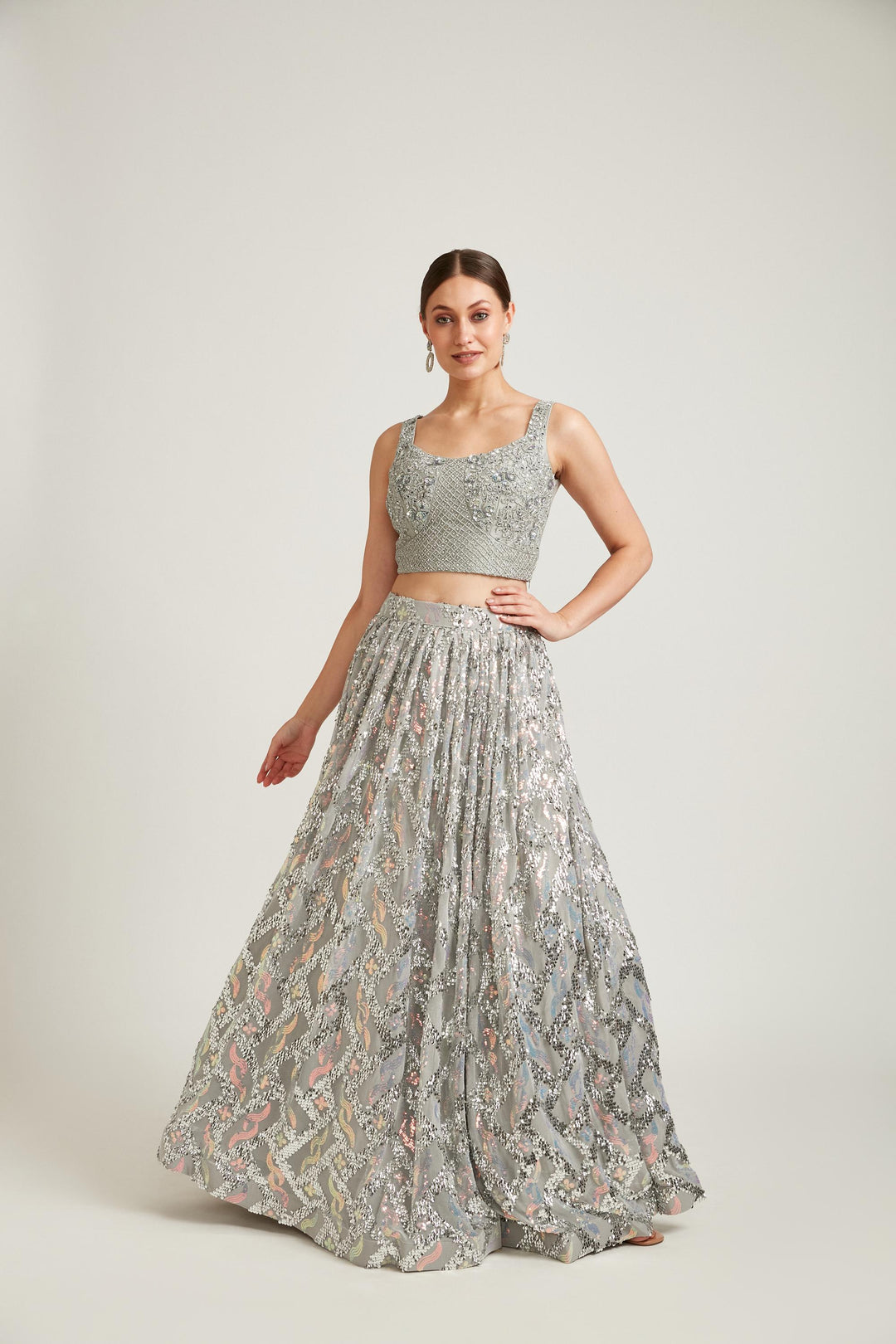 Neerus Grey Color Nett Fabric Lehenga Choli