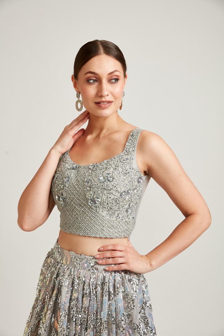 Neerus Grey Color Nett Fabric Lehenga Choli
