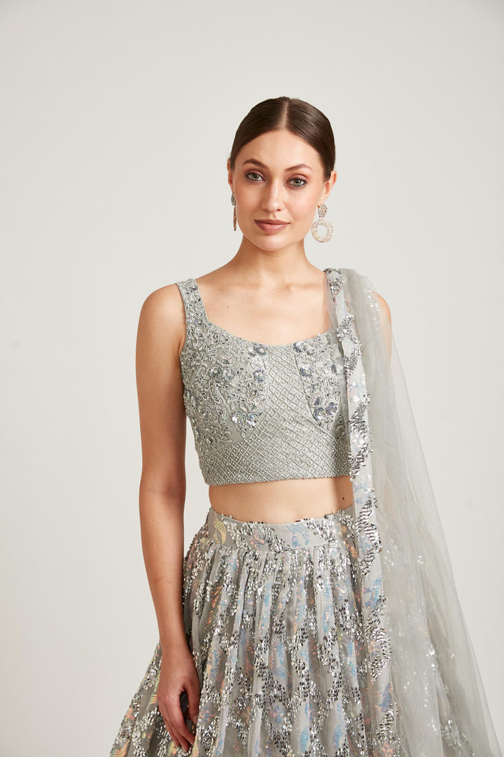 Neerus Grey Color Nett Fabric Lehenga Choli