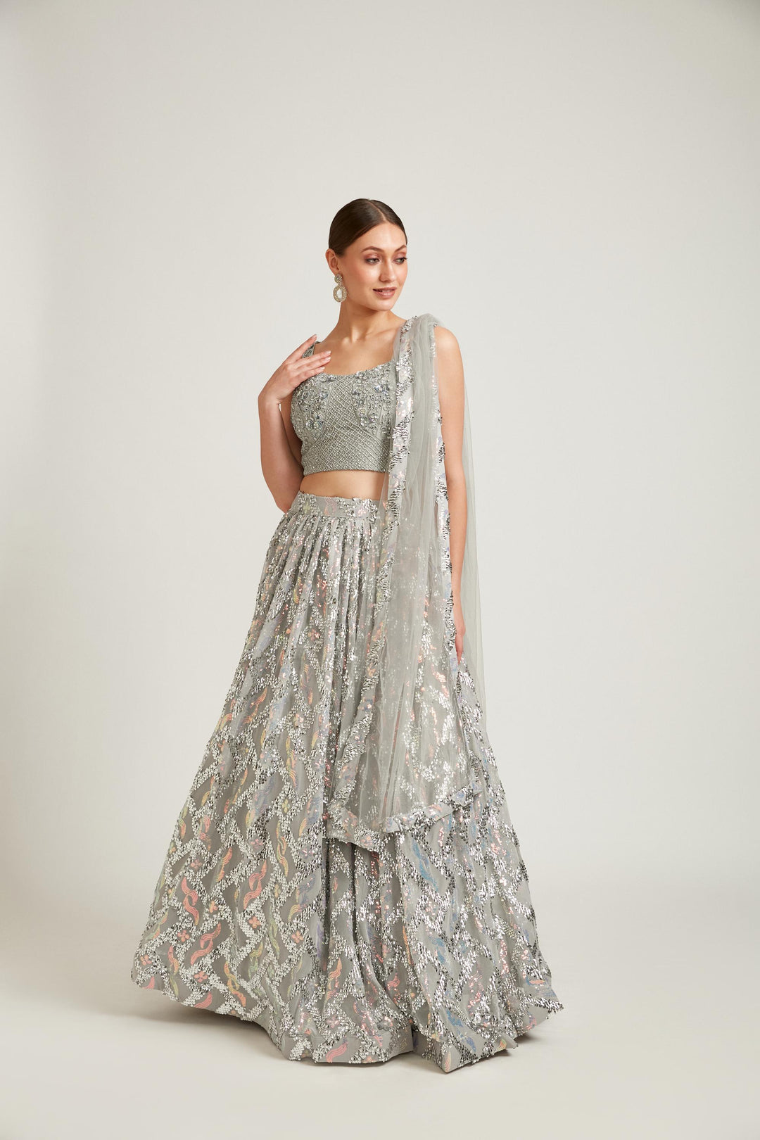 Neerus Grey Color Nett Fabric Lehenga Choli