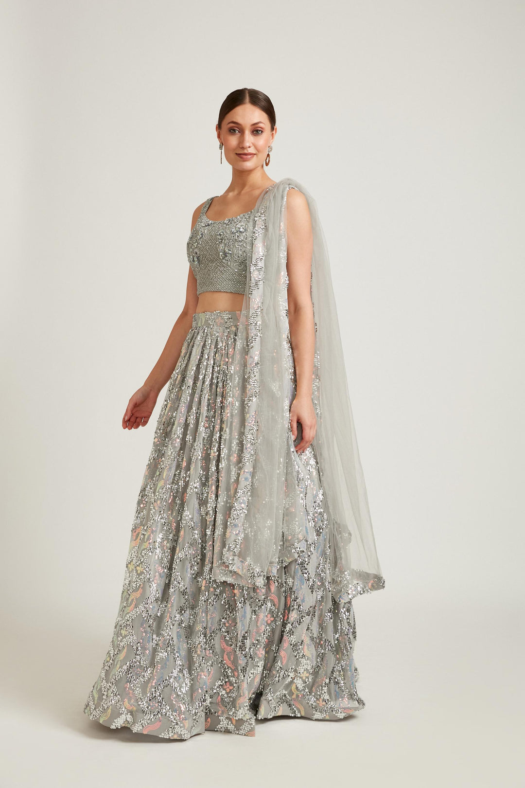 Neerus Grey Color Nett Fabric Lehenga Choli
