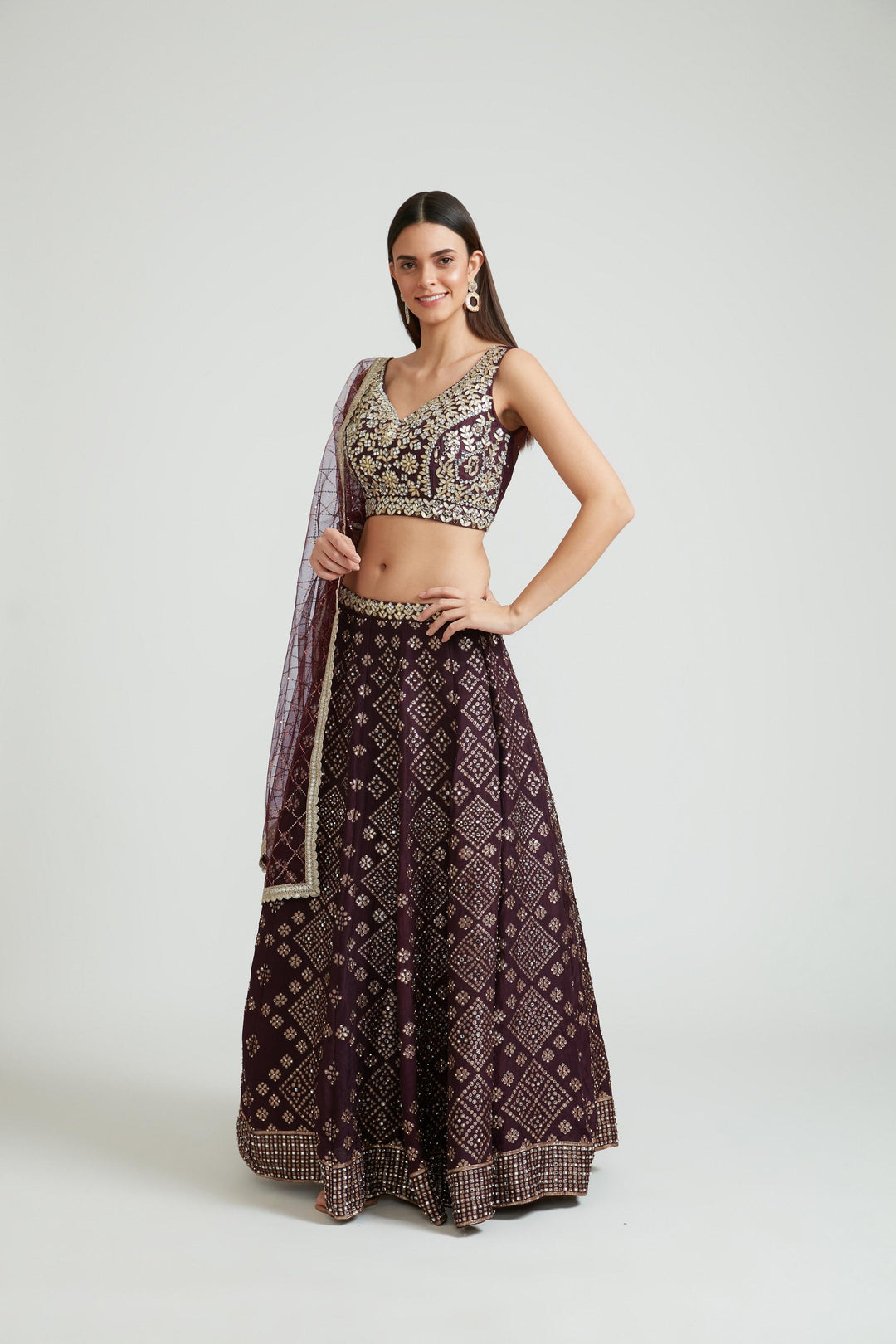 Neerus Wine Color Banaras Fabric Lehenga Choli