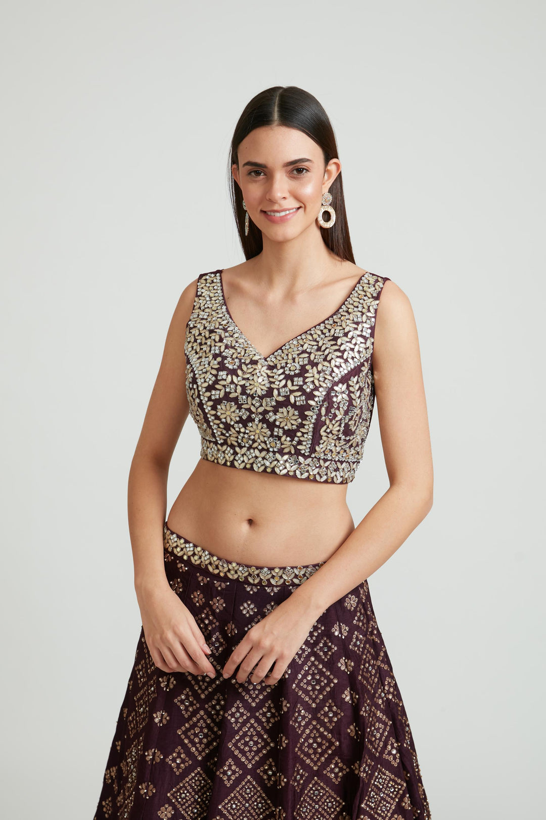 Neerus Wine Color Banaras Fabric Lehenga Choli