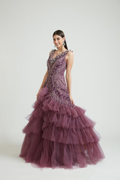 Neeru'S WINE Color NETT Fabric Gown With Dupatta