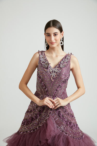 Neeru'S WINE Color NETT Fabric Gown With Dupatta