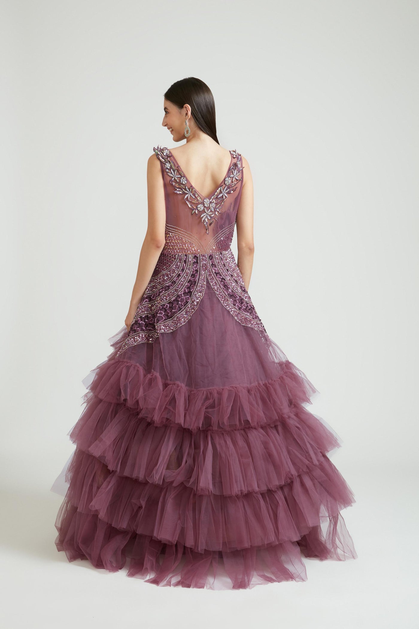Neeru'S WINE Color NETT Fabric Gown With Dupatta