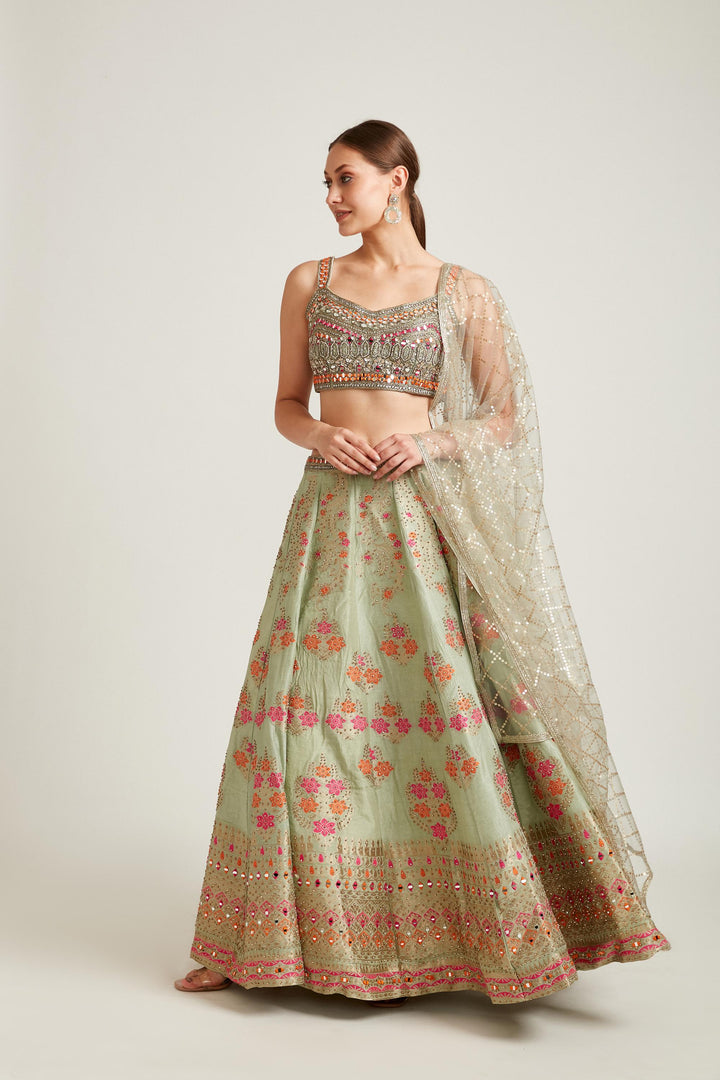 Neerus Pista Color Banaras Fabric Lehenga Choli